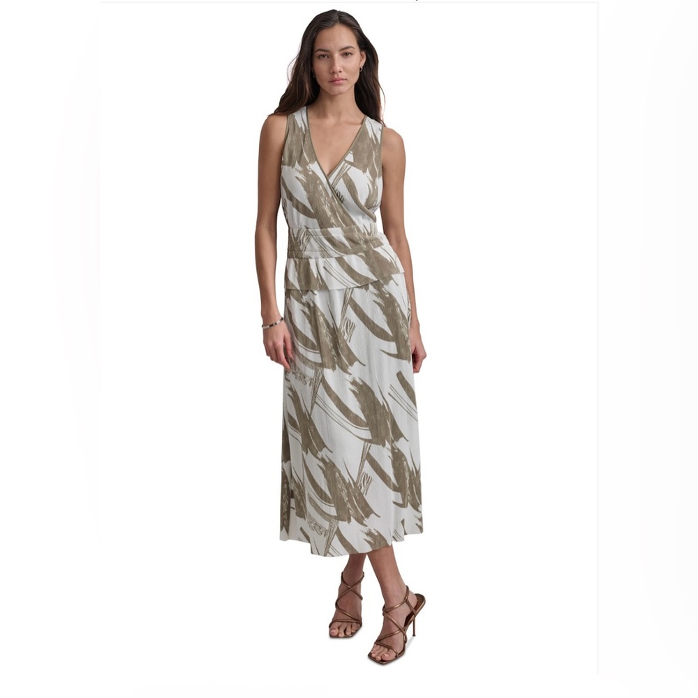 NWT DKNY Tan Pleated & Printed V-neck Maxi Plisse Texture Sundress XS Sleeveless